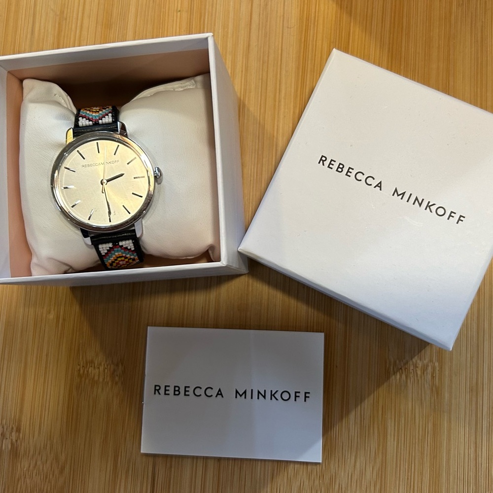 REBECCA MINKOFF WATCH WITH 36mm SILVER FACE & BLACK BEADED LEATHER BAND - Picture 6 of 6